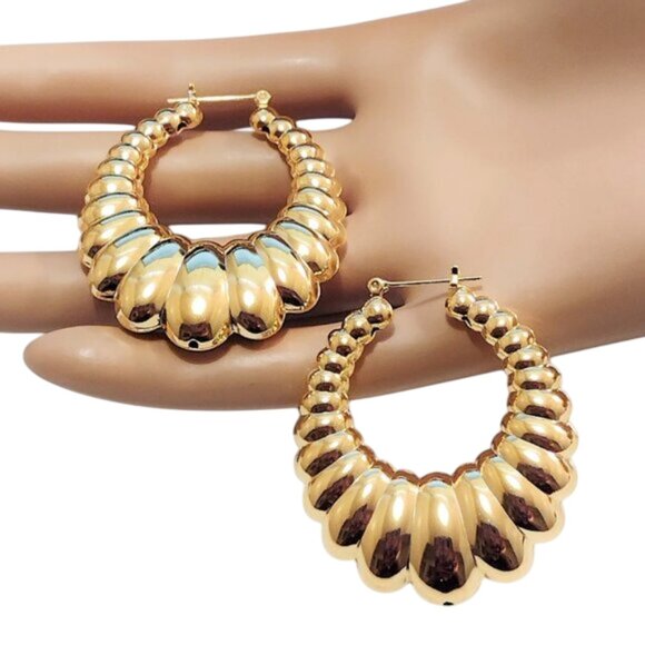 1 7/8 Inch 45mm Shrimp Hoop Gold Tone Pierced Post Earrings
